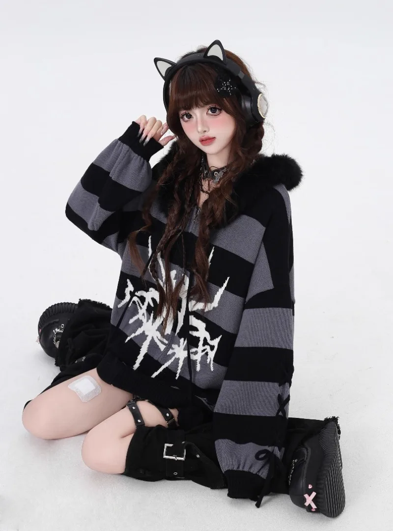 New Japanese Original Punk Striped Loose Versatile Lantern Sleeves Hooded Cardigan Sweater Winter Autumn Zipper Knitwear Female