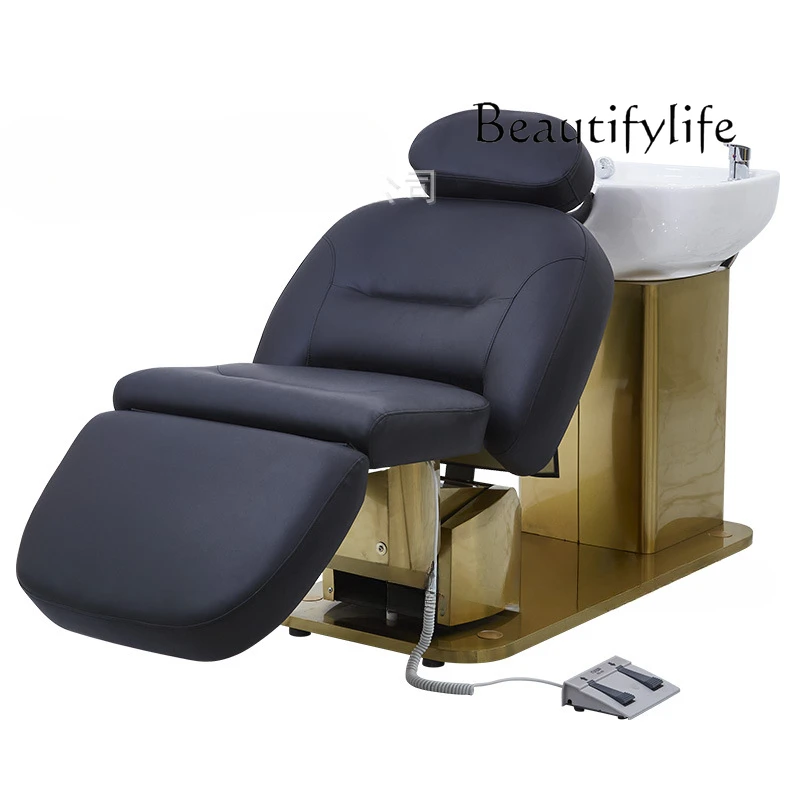 

Barber Shop Lying Half Ceramic Deep Basin Rotating Flush Electric Lifting for Hair Salon Shampoo Chair