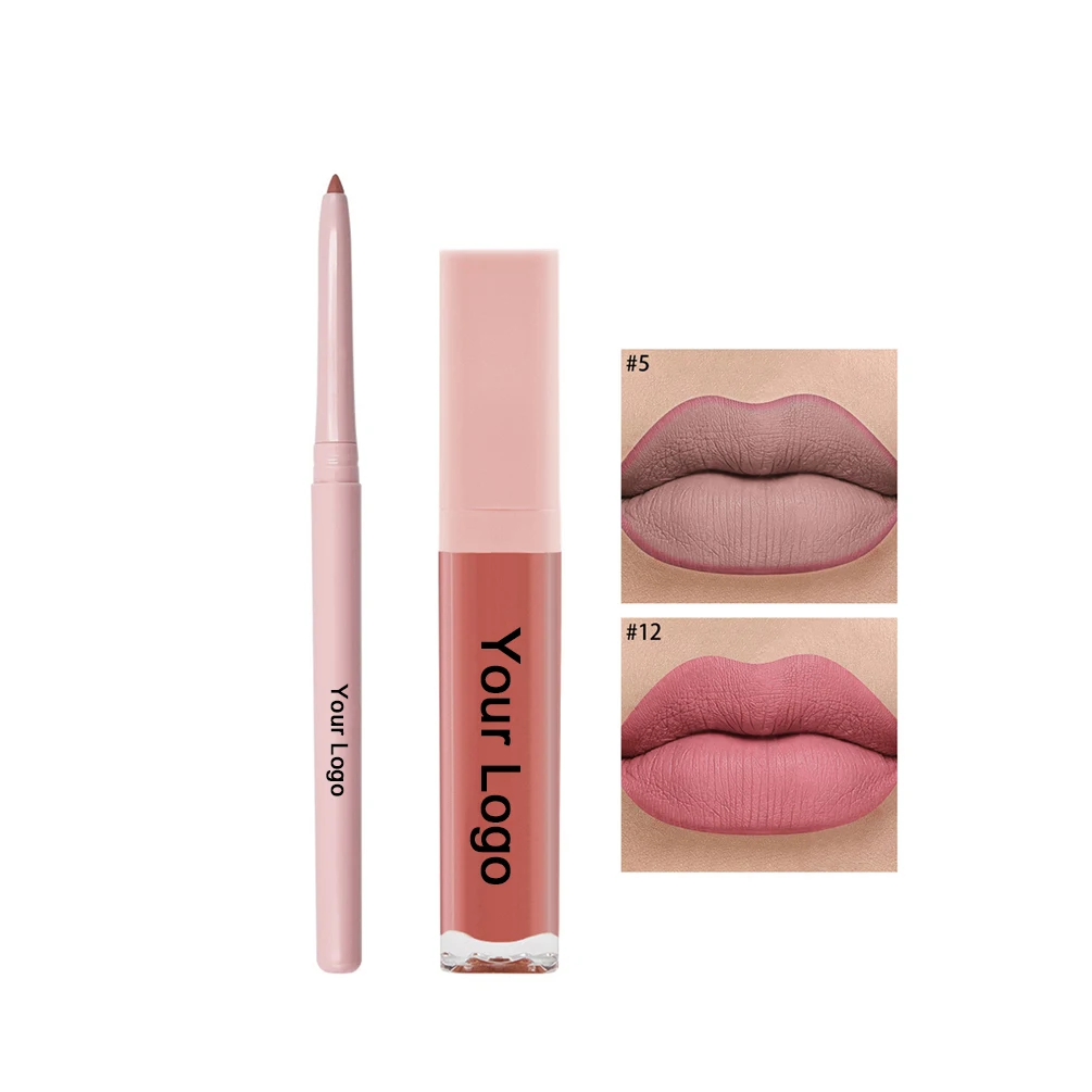 2in1 Lip Kit ฉลากส่วนตัว Matte Non-stick Pigment Long Lasting Waterproof Lipgloss Lipliner Set แต่งหน้าที่กําหนดเองมังสวิรัติกล่องสีชมพู