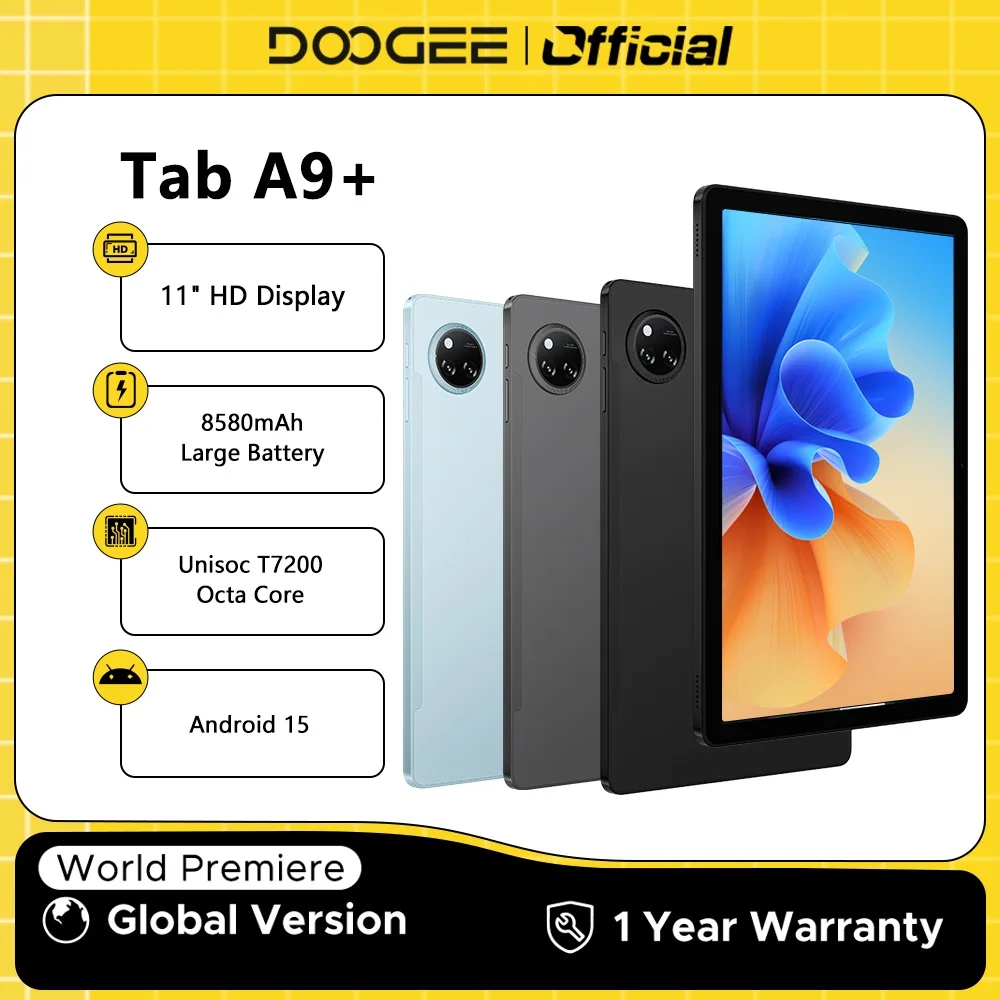 

DOOGEE Tab A9+ Планшет 11 дюймов HD-дисплей 20 ГБ (4 + 16), 64 ГБ, 8580 мАч, большая батарея Unisoc T7200, восьмиядерные двойные динамики, 13 МП, Android 15