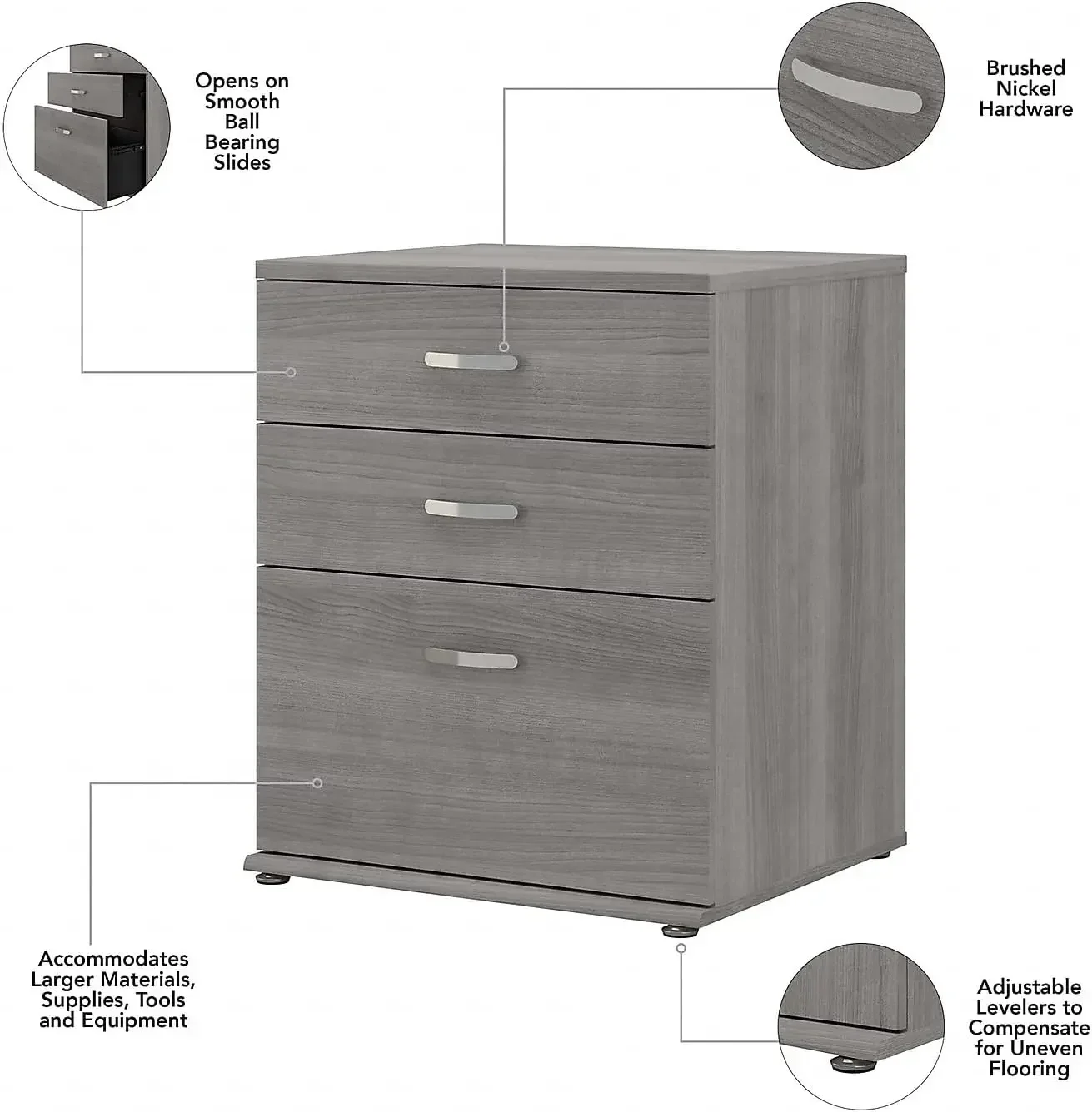 Universeller 34-Zoll-Bodenschrank mit Schubladen, platin grau (uns328pg)