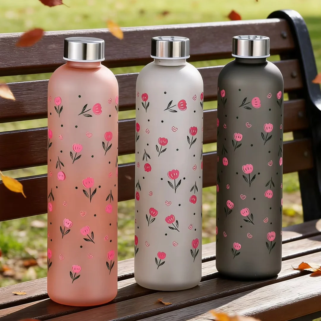 1000ml (34fl oz) Rose Pattern Water Bottle, Summer Water Kettle, Portable Leak-Proof Cup, Ideal Gift for Friends Students