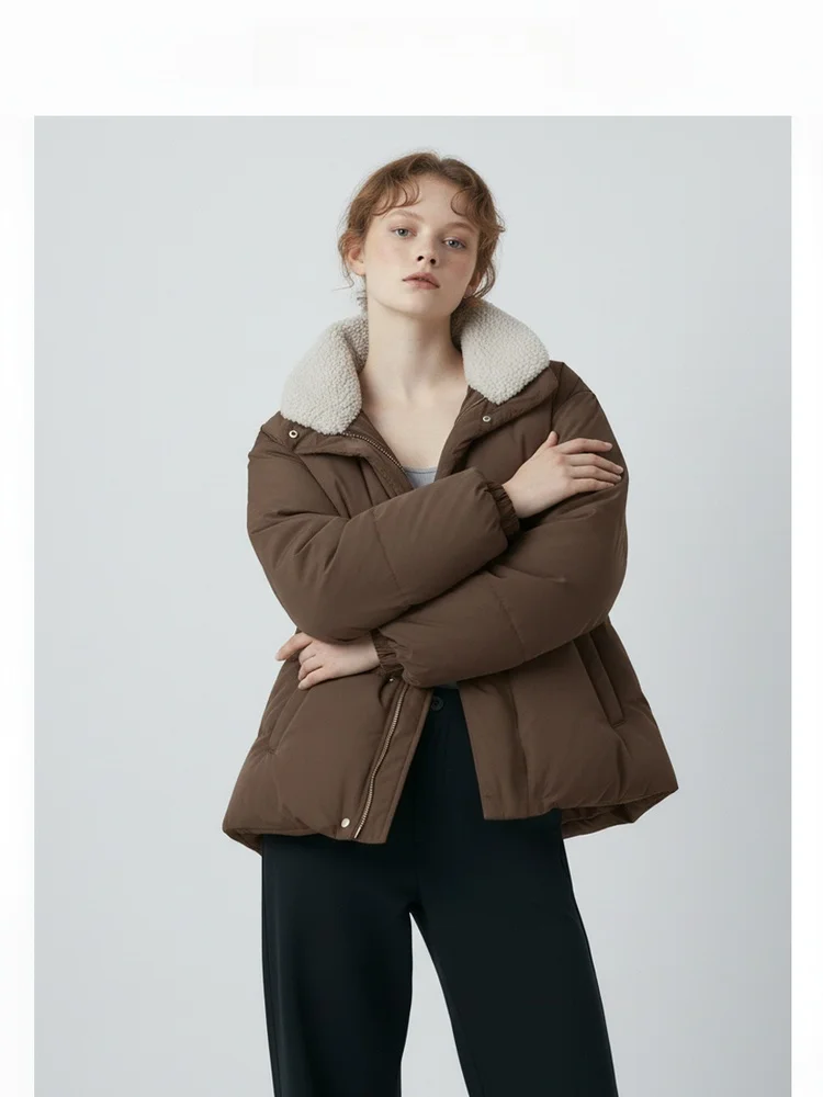 

Retro Detachable Fur Collar ort down Jaet Women's Brown Turn-down Collar Warmth Bread Sle Winter New Arrival