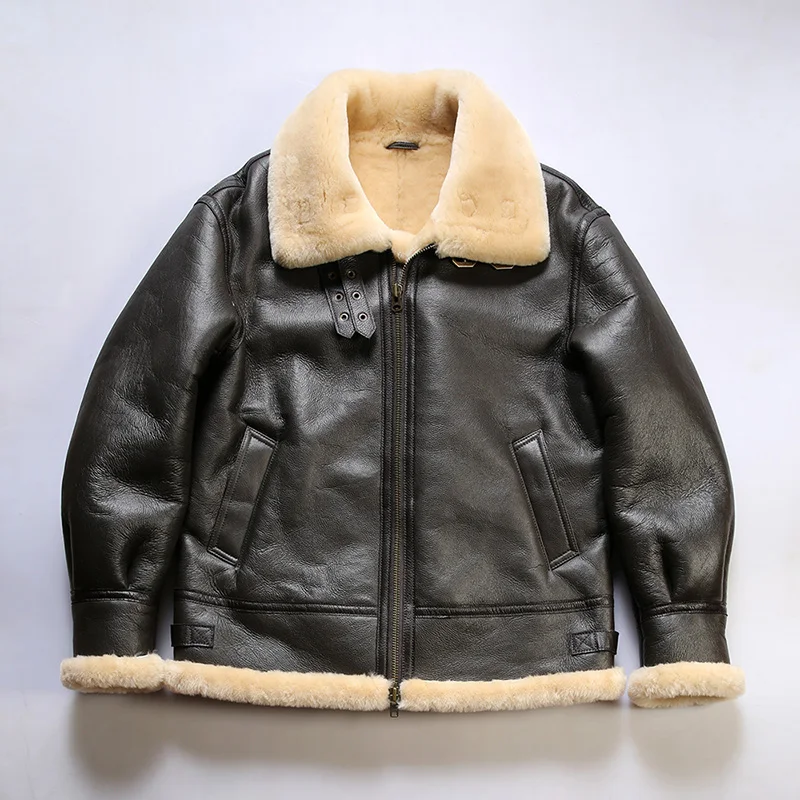 Winter New Men's Pilot Clothing B3 Fur One Jacket Large Lapel American Casual Warm Cold Sheepskin Genuine Leather Coat Brown