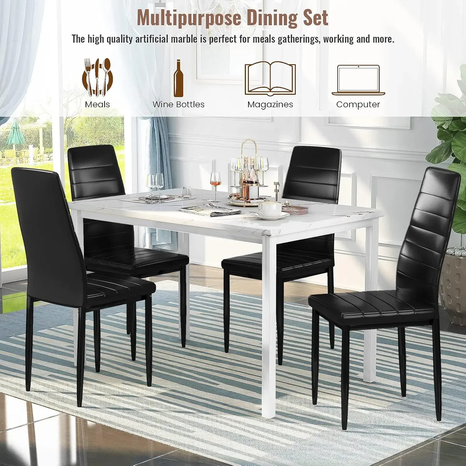 NEW 5 Pieces Dining Table Set for 4 with Faux Marble Top and Leather Upholstered Chairs, White+Black USA image 6