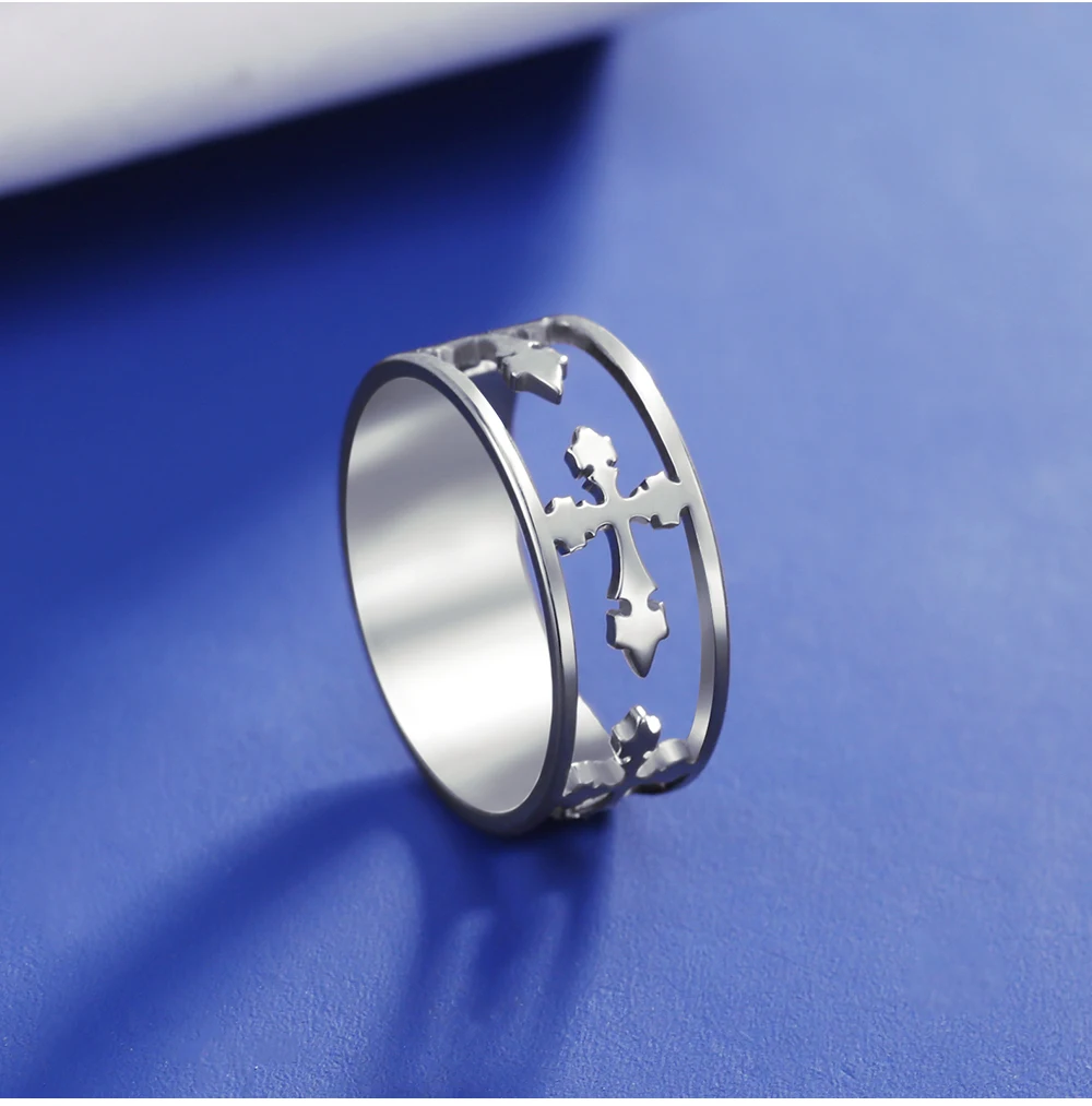 COOLTIME Modischer Kreuzring für Frauen, Edelstahl, Hip Hop, religiöse christliche Verlobung, Paarringe, Schmuck, Geschenk – Detail 11