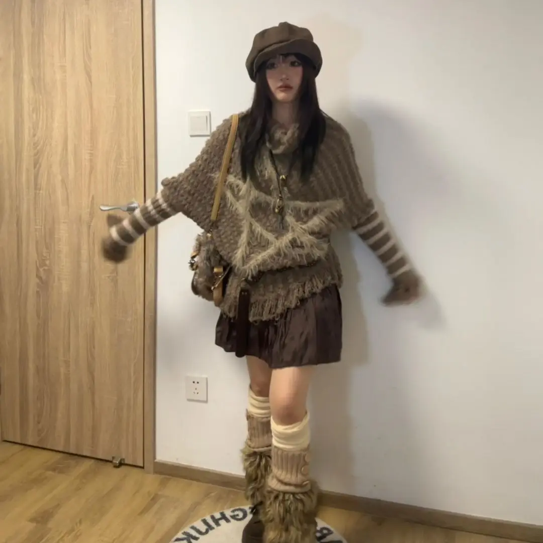 

Women's Punk Knit Sweater Winter Vintage Star Print Striped Loose Fit Fringe Y2K Grunge Oversized Pullover Streetwear Casual Top