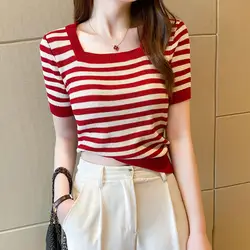 Korean Casual Summer T-Shirts Women Square Collar Ice Silk Striped Contrast Color Fashion Elegant Slim Short Sleeve Knit Tops