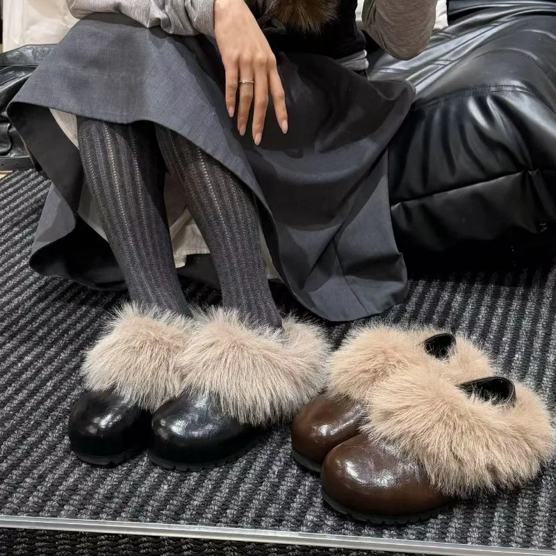 

Autumn Winter fluffy rabbit hair Women Chunky Loafers Comfort Round Toe Internal increase Shoes Outdoor warm Plush Slip On Shoes