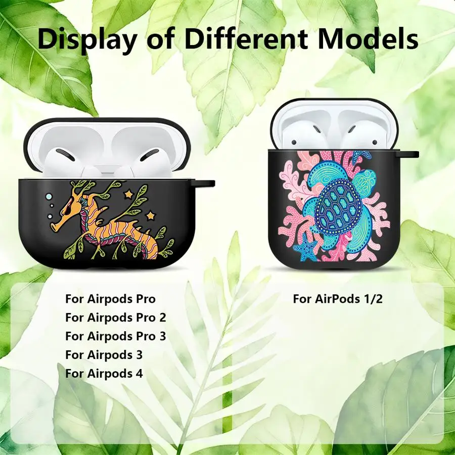 Case For Airpods 2 3 4 Pro Pro3 1 Pro2 Earphone Cases Cover With Hook Leafy Seahorse Turtle