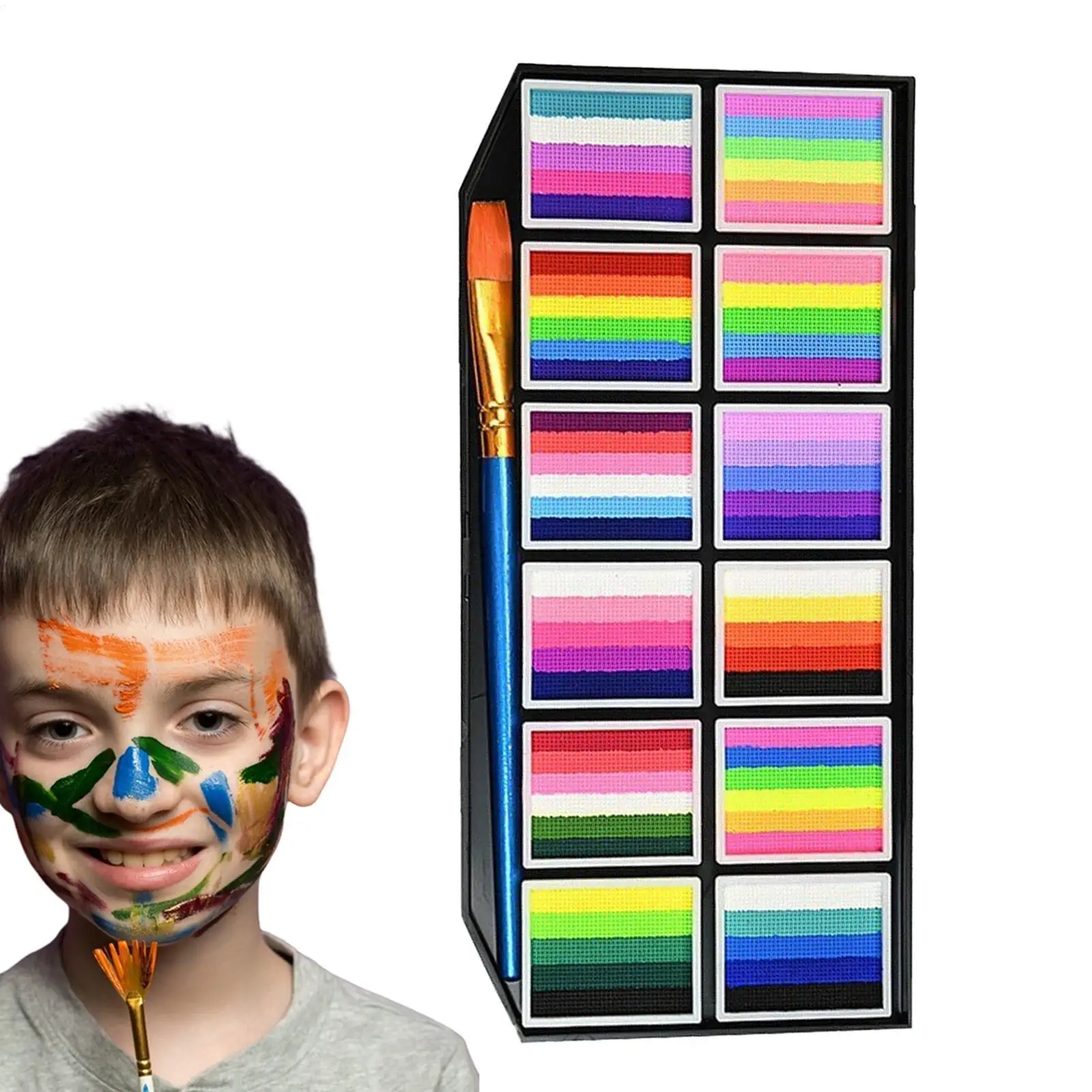 12grids Rainbow Face & Body Paint Palette Kit with PVC Stencils Water Activated Makeup Art Set for Halloween Party Festival DIY