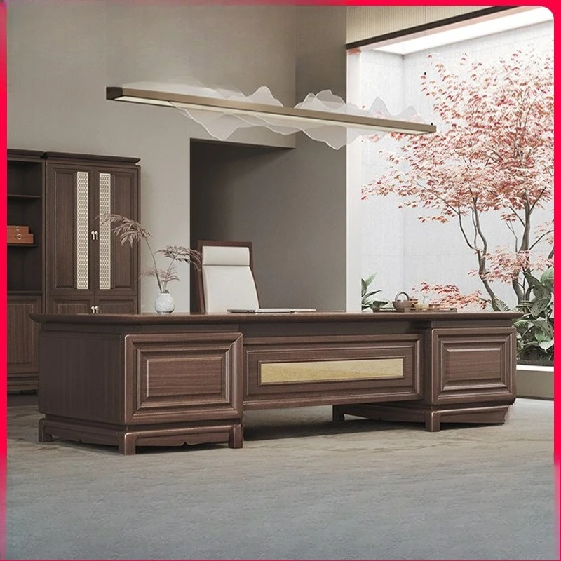 New Chinese-style boss desk, high-end atmospheric office furniture, black sandalwood big desk, light luxury