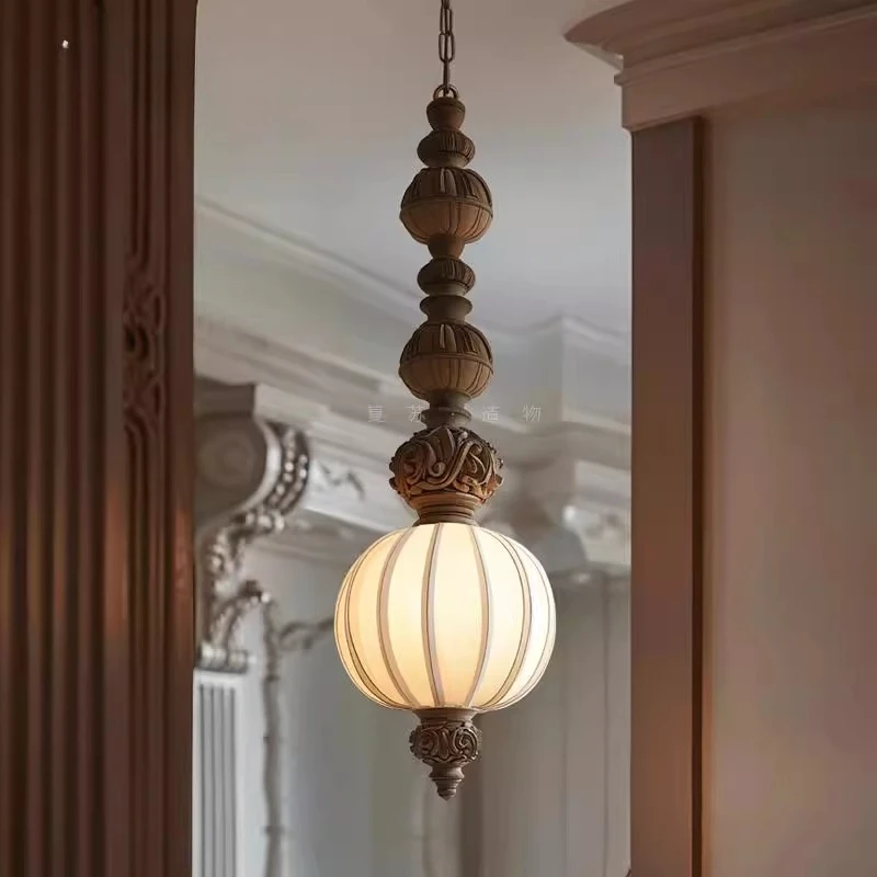 

Japanese Retro Carving Resin LED Pendant Lights White Rotundity Fabric Hanging Lamp Living Room Bedroom Study Kitchen Chandelier