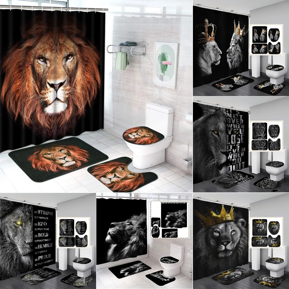 

Lion Black Shower Curtain Bathroom Set Waterproof Polyester Bath Curtains Pedestal Anti-slip Carpet Toilet Lid Cover Floor Mats