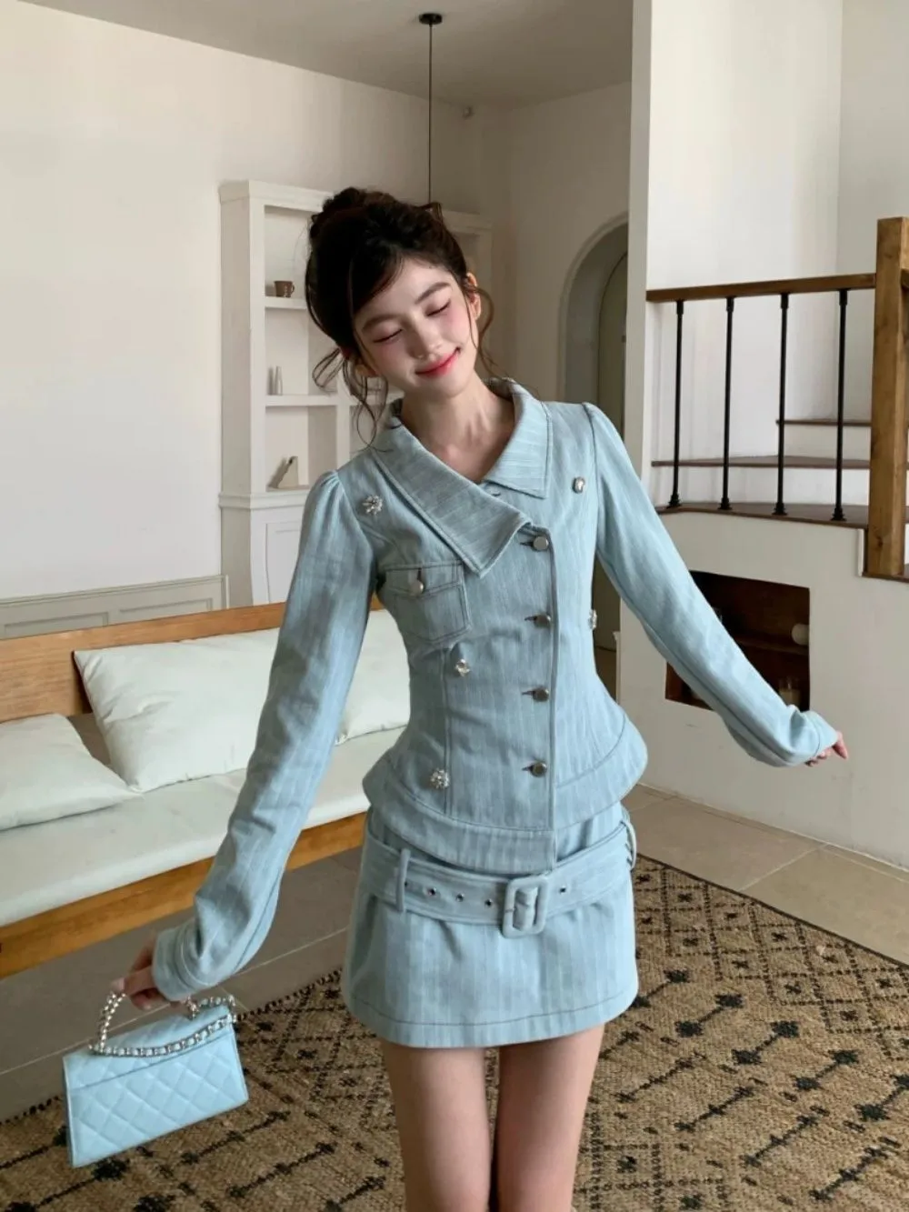 Korean Luxury Chic 2 Piece Set Women Striped Button Cropped Blazer High Waist Belted Mini Skirt Slim Fit Dress Daily Outfit 2026