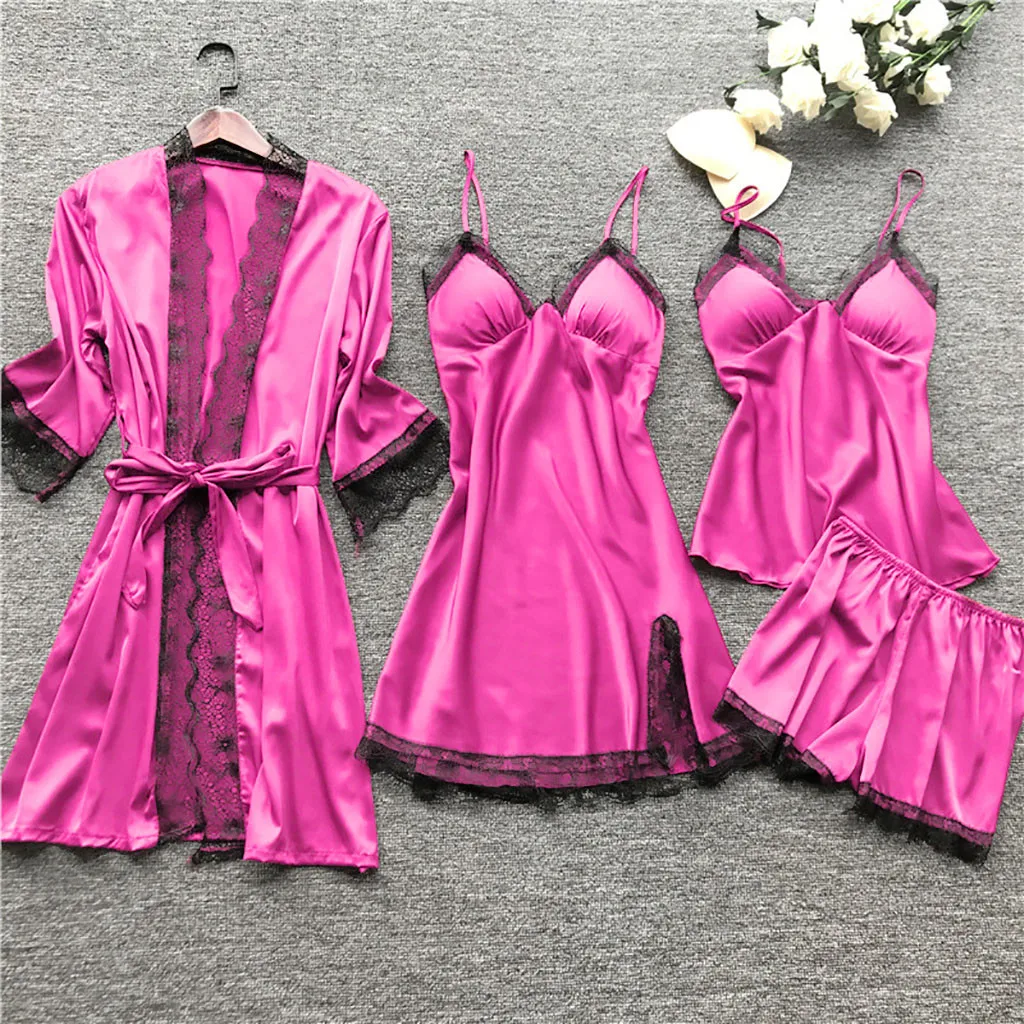 4pcs Women Sleepwear Set Satin Silk Lace Robe Dress Set Lingerie Pajamas Smooth Soft Nightdress Women Homewear Night Gown