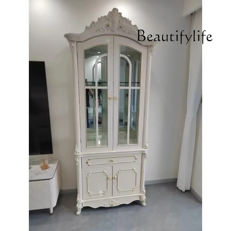 

SM European Living Room White Retro Wall Display Cabinet Glass Door Simple Wine Cabinet