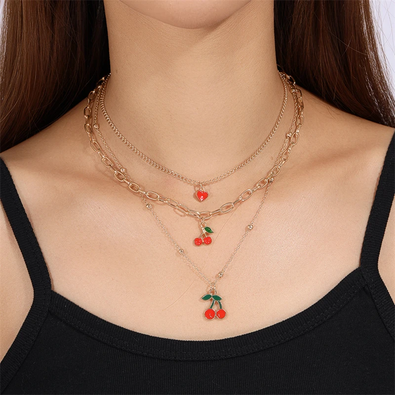 Modische Halskette mit rotem Kirschanhänger für Damen und Mädchen, mehrschichtige Halskette, Geschenk, Party, Festival, Schmuck, Dekoration – Detail 1