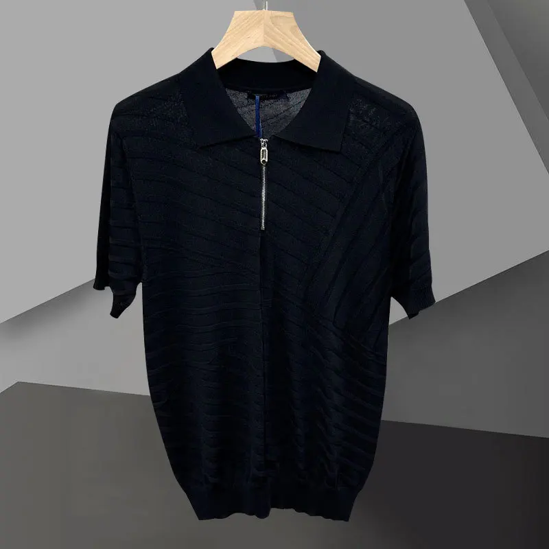 T-Shirt estiva in maglia Polo Camisa Hombre Mannen Polo 4 colori maglietta da uomo britannica a righe Jacquard Casual Slim risvolto cerniera Polo