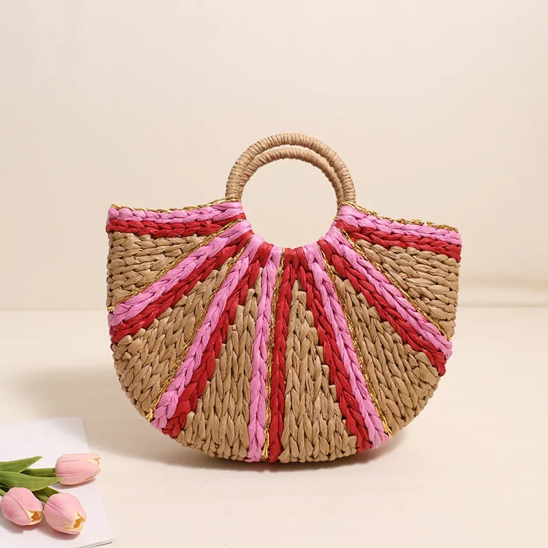 

Unique Golden Thread Color-blocked Shoulder Woven Bag for Women's Beach Bag
