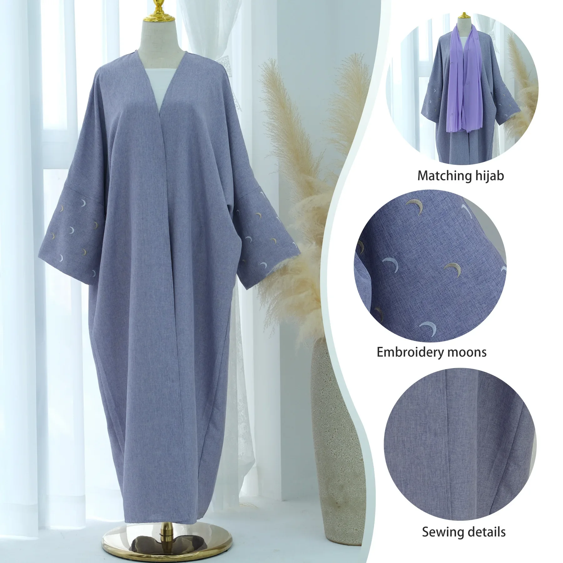 

Ramadan Eid Linen Moon Open Abaya Dubai Kimono Abaya Hijab Set Kaftan Muslim Islam Abayas for Women Robe 2 Pcs Muslim Set