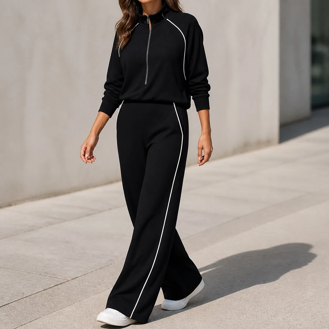 Women's And For Woman Sporty Contrast Color Elastic Waist Regular Sleeve Straight Leg Medium Weight Wrinkle Free Jumpsuit