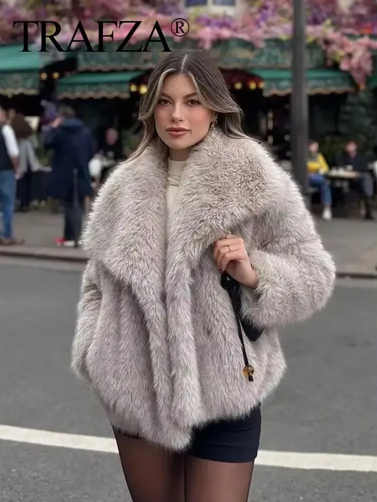 TRAFZA Women Faux Fur Jacket Coat Casual Loose Long Sleeve Lapel Warm Coats Female Winter Fashion Lady Chic High Street Jakcets