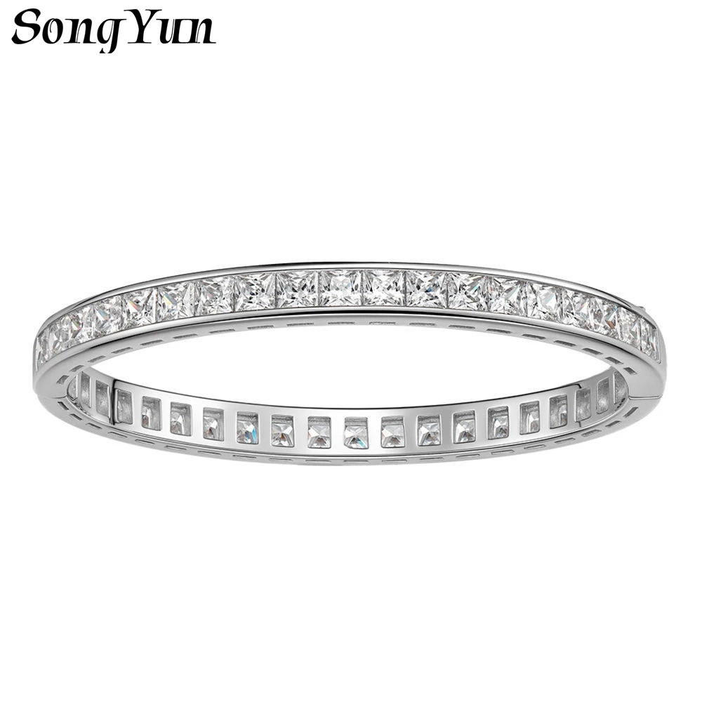 SONGYUN High Carbon Gemstones Jewelry Women's 925 Sterling Silver Princess Cut Thin Bangle Single Row Full Set Stones