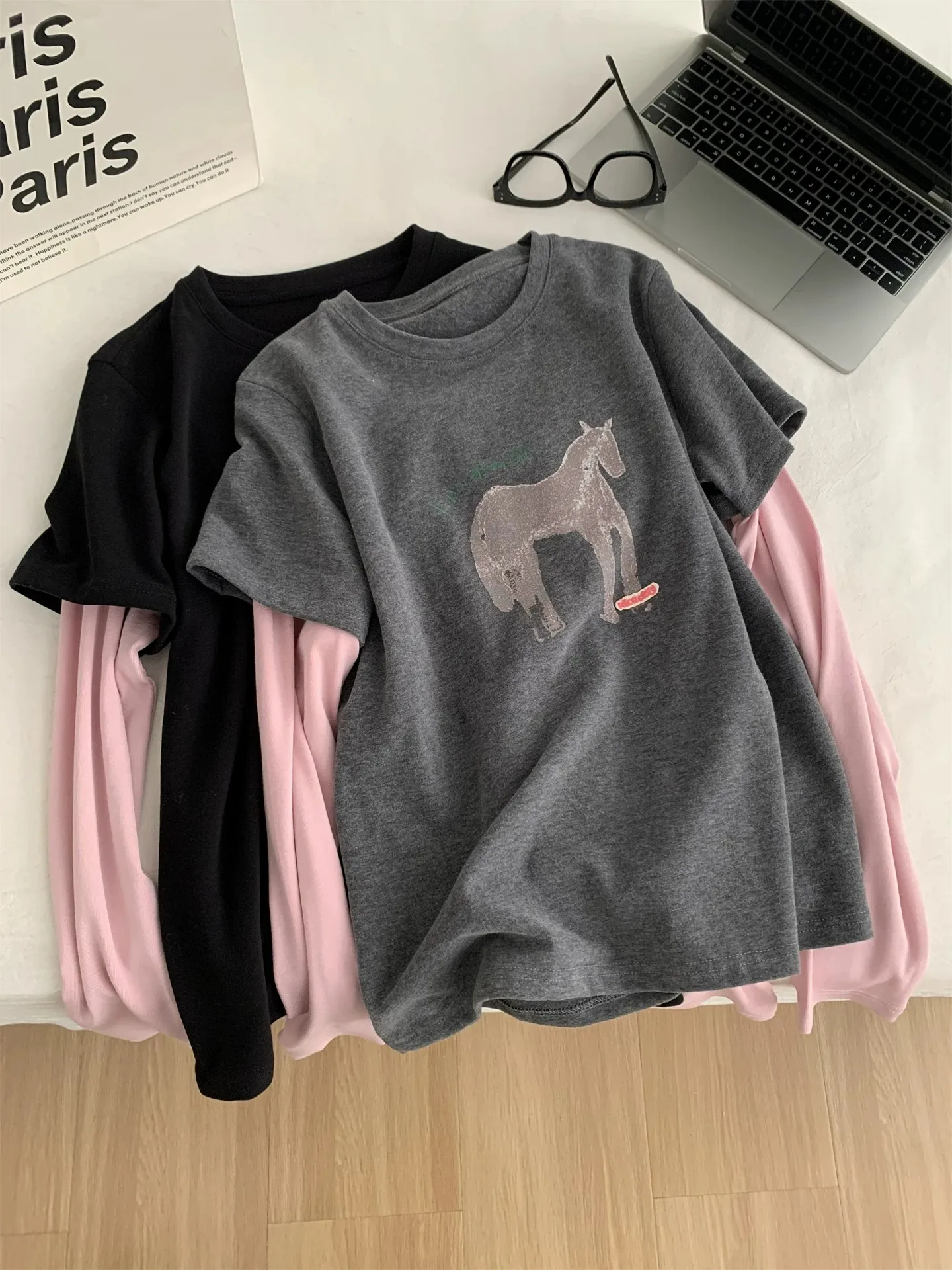 Retro Style Long Sleeve T-Shirt Women's Printed Splice Casual Base Top High Waist Polyester Fiber Breathable Comfortable