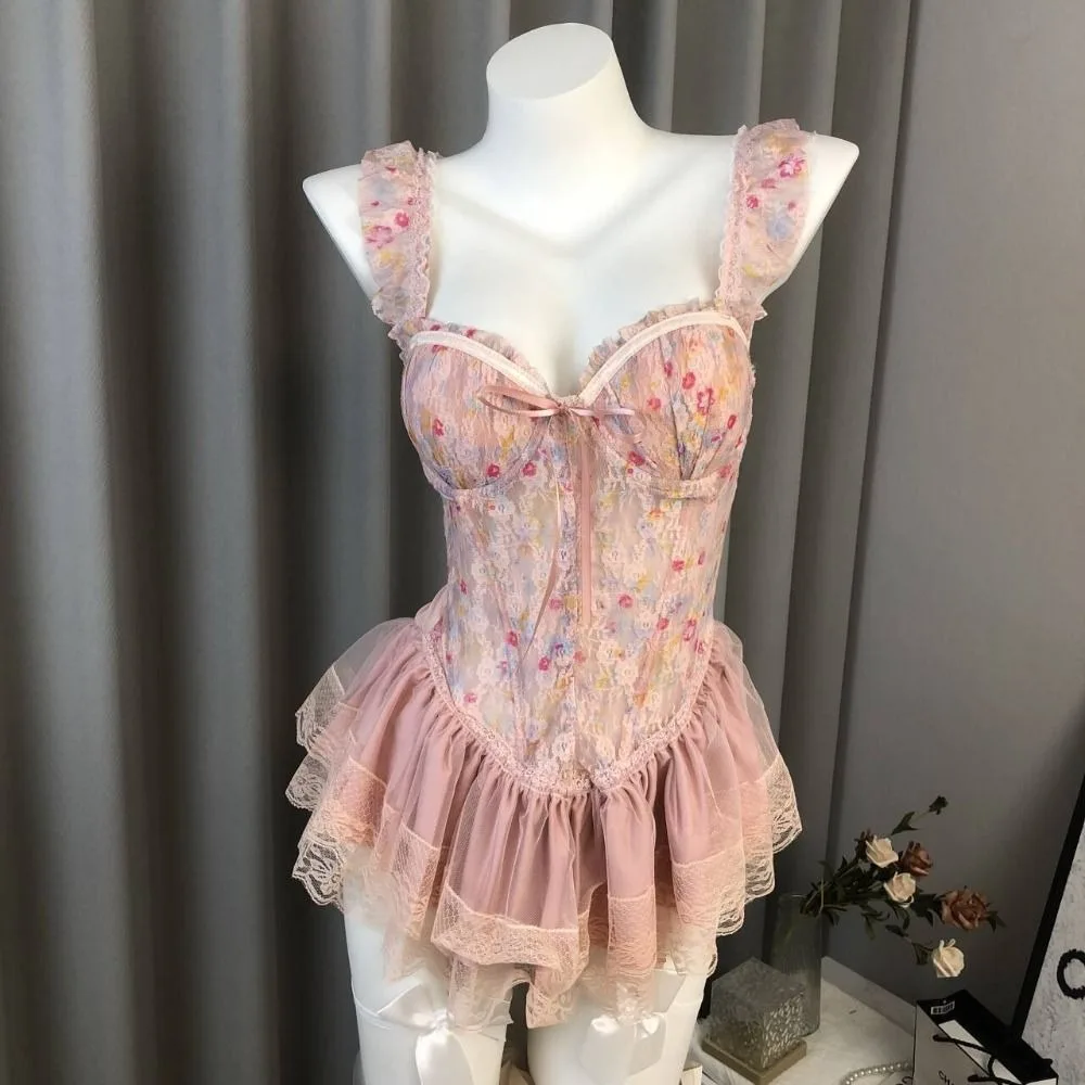 

Fashion Thin Sweet Lace Nightdress Beauty-back Lace-up Sleeveless Nightwear Homewear with Chest Pad Pajamas Women Female