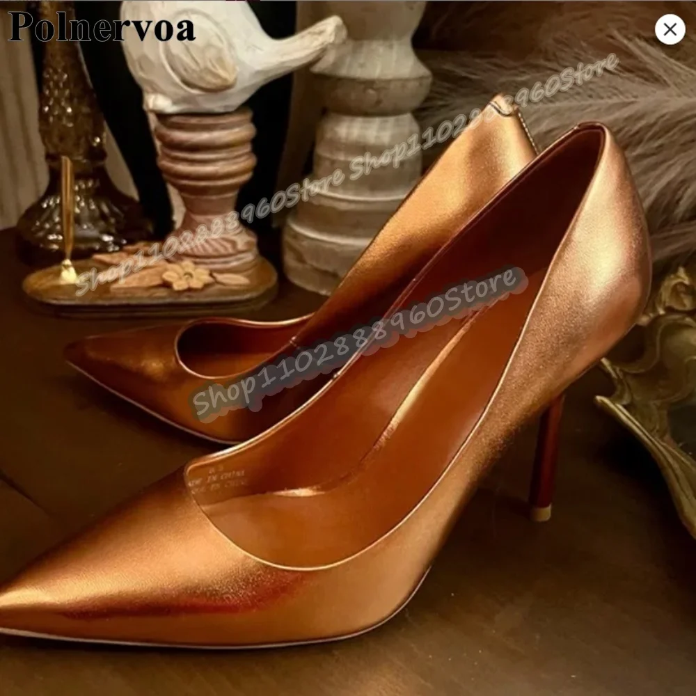 

Gold Metallic Leather Pointy Pumps Thin High Heel Shoes For Women Slip On Pointed Toe Luxury Banquet Gorgeous Zapatos Para Mujer