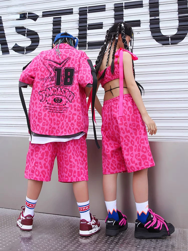 Kids Street Dance Hip Hop Clothes Boys Pink Print Shirt Shorts Girls Jazz Modern Dance Performance Costume Teenagers Casual Wear