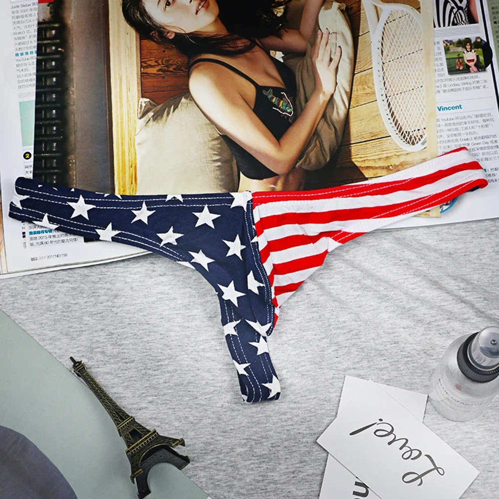 섹시한 남성 미국 국기 프린트 브리프, G 스트링 끈, T 백 옴브레 속옷, 미국 국기 스트라이프 프린트 끈, 남성 팬티