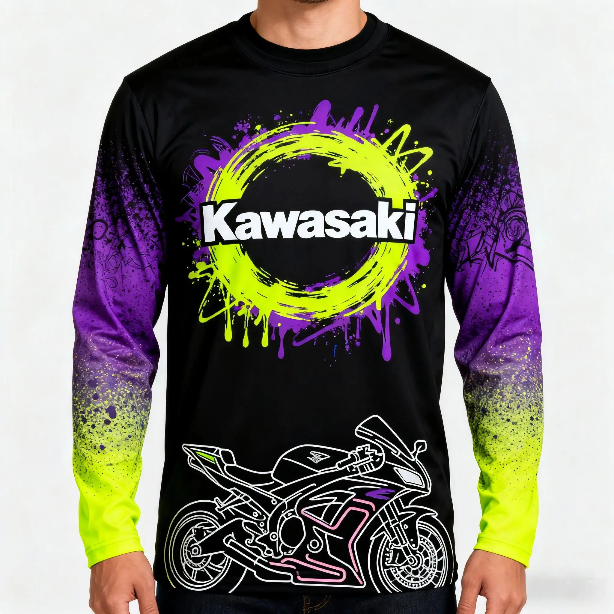 قمصان Moto Fans Kawasaki طويلة الأكمام، بتصميمات نابضة بالحياة (جرافيتي - طراز ودرع - شعار)، مثالية لمحبي الدراجات النارية.