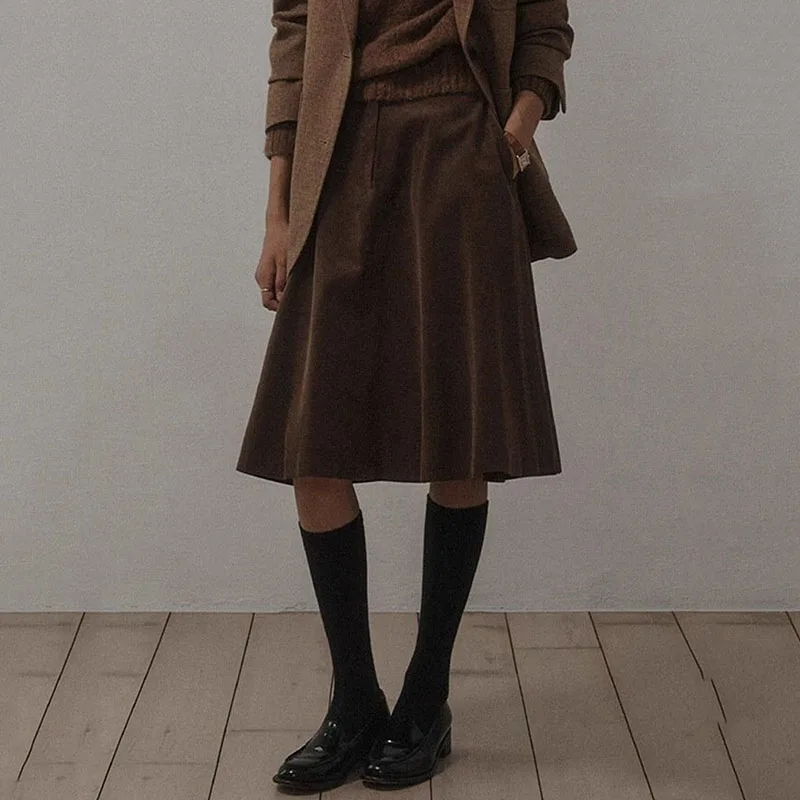 Vintage Corduroy Skirts Women Euro-American Streetwear Large Size Loose Knee Length Skirt High Waist with Pocket A-Line Skirts