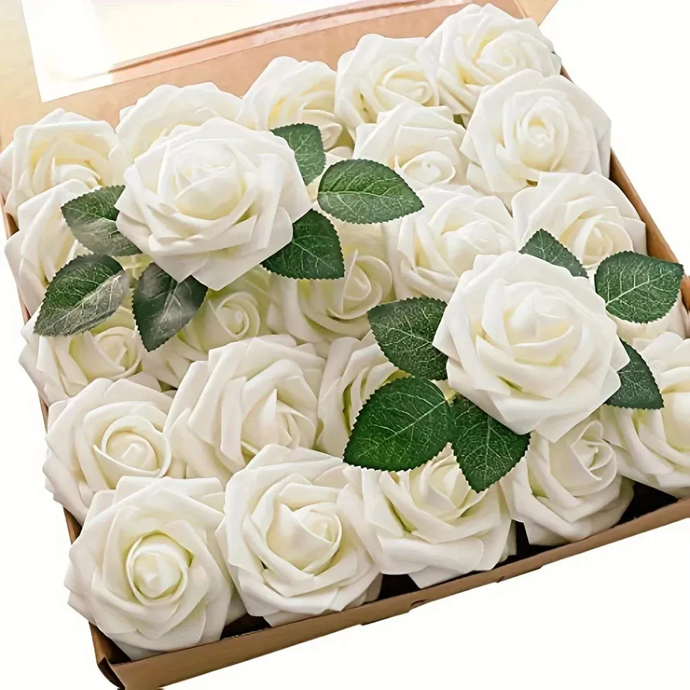 25PCS Foam Floral Roses for DIY Decor Flexible Stems and Bonus Leaves for Custom Wedding and Party Arrangements