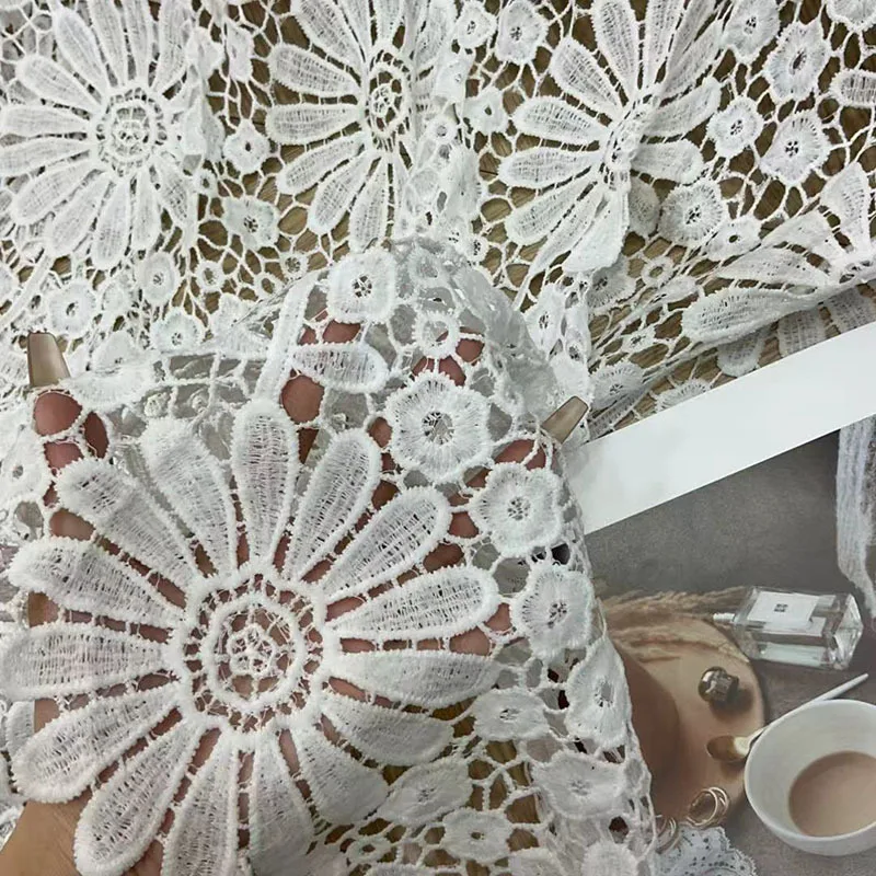 

Gorgeous wedding dress lace fabric milk silk full water-soluble embroidery lace flower hollow fashion fabric sold by yard