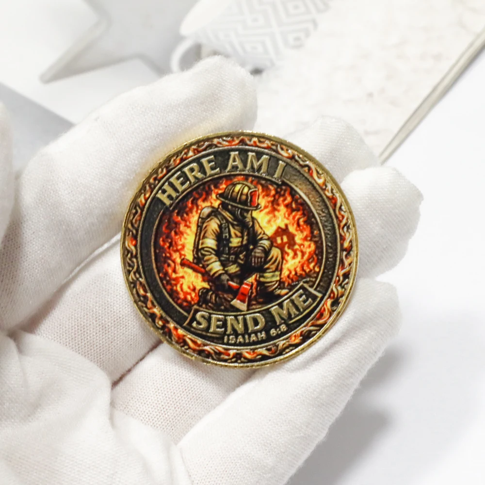 Firefighter 343 Tribute Challenge Coin Here Am I Send Me Isaiah 6:8 Commemorative Coin Brotherhood Duty Sacrifice Souvenir Gifts