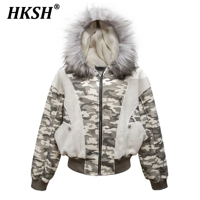 HKSH Men's Tide Punk 2024 Winter New Camouflage Cotton Jacket American Color Contrast Splicing Fluffy Collar Padded Coats HK3503