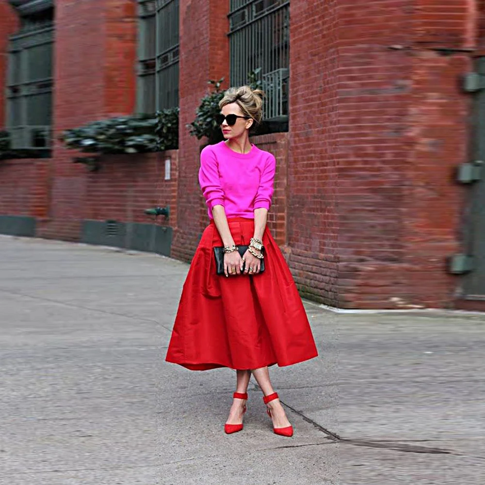 

Red Satin A Line Skirts Women Wedding Party Formal Wear Lady High Waist Satin Skirt Custom Made Color Size Skirt