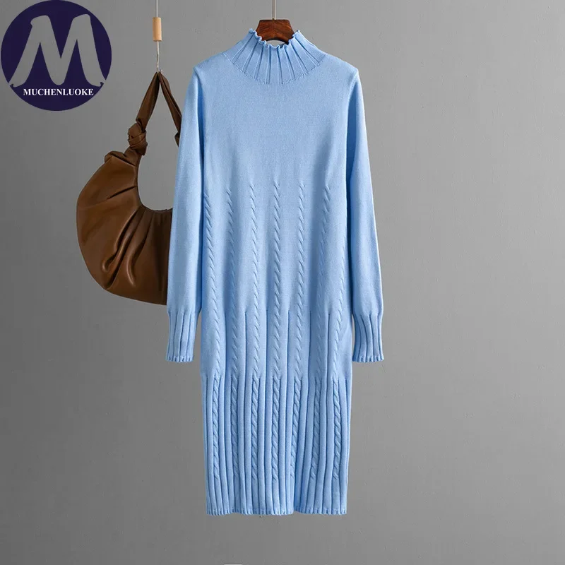 فساتين نسائية أنيقة للخريف والشتاء بأكمام طويلة ورقبة وهمية فستان محبوك موضة غير رسمية فضفاضة وسميكة للدفء