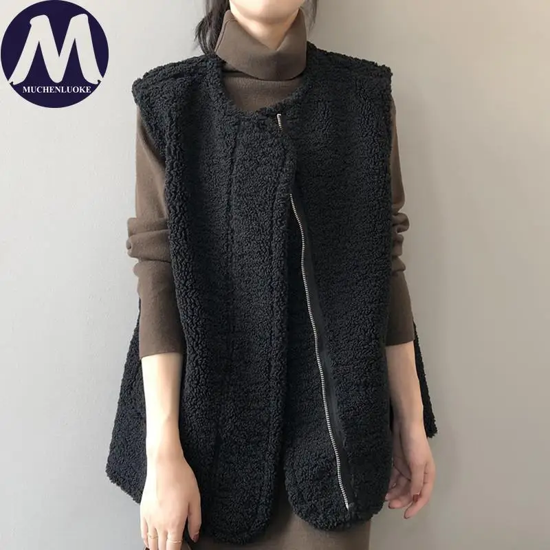 

Куртка без рукавов, женская осенне-зимняя элегантная куртка из искусственного меха ягненка, универсальные теплые жилеты, корейские модные повседневные свободные женские пальто