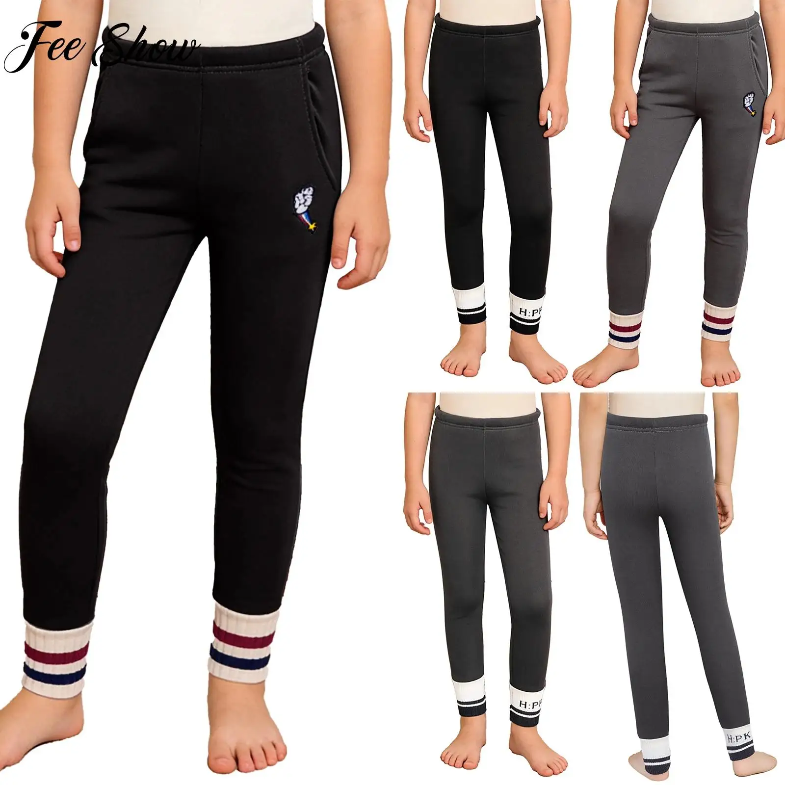 

Kids Girls Sports Pants Yoga Running Costumes Warm Fleece-Lined Leggings Elastic Waistband Knitted Leg Openings Casual Pants