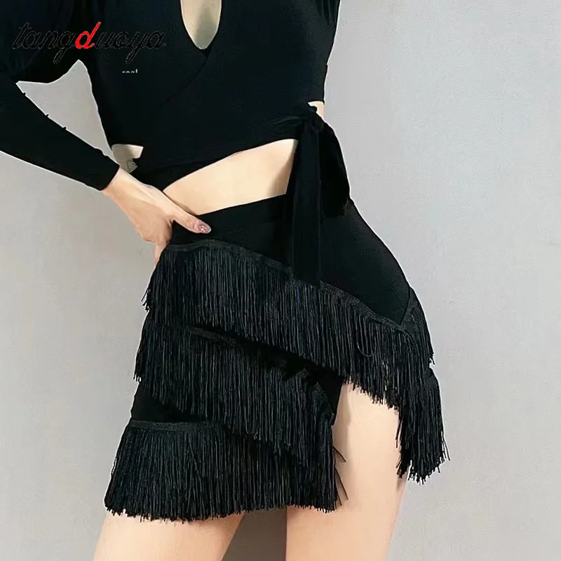 

Black Fringe latin Dance Skirts for women girls latin salsa rumba practice dance wrap skrits jazz dance hip scarf