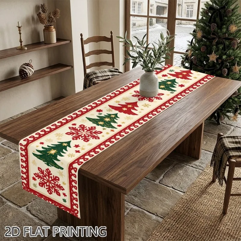 2D Flat 1pc Christmas Snowflake Table Runner, Rectangular Winter Holiday Kitchen Dinner Party Home Decor, Indoor Decoration Set