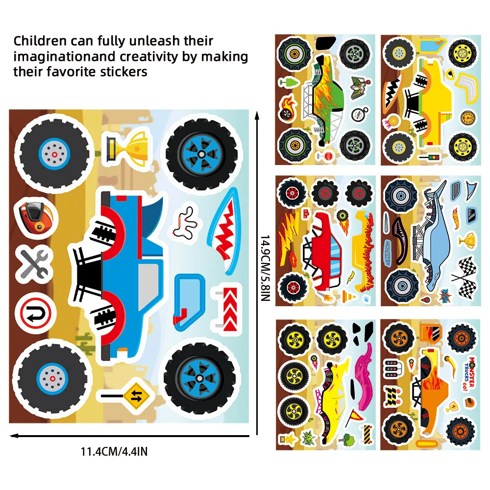 8/16Sheets Monster Truck Make a Face Puzzle Stickers Cool Kids Cartoon Toys Funny Jigsaw Assemble Decal Children Party Game Gift