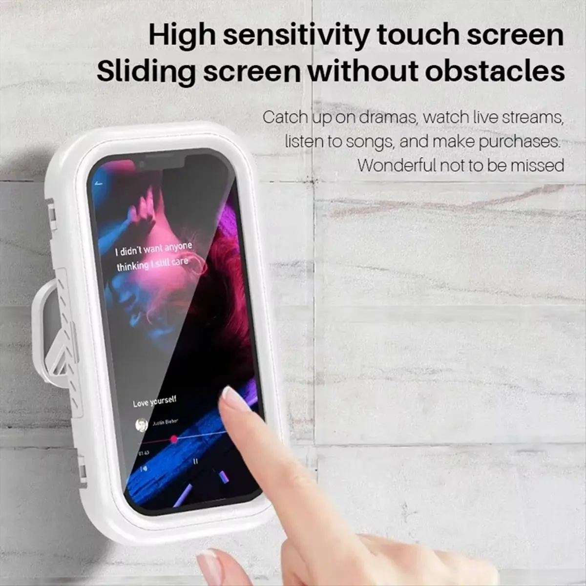 AT16 Cell Phone Holder Adjustable Sticky Wall Mount Waterproof Box Shower Bathroom Phone Stand TVCatch Up Use All Smartphones