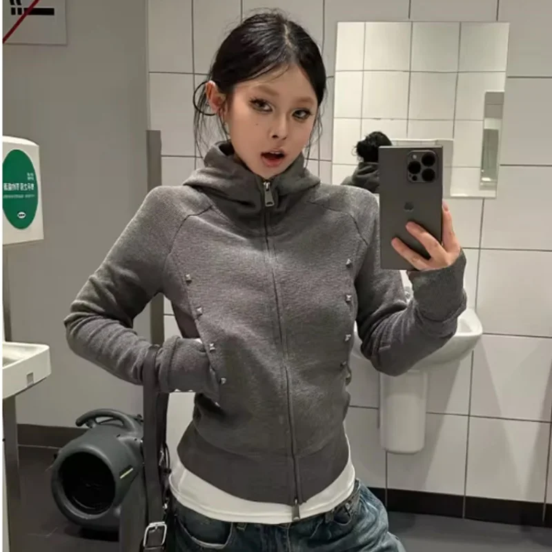 

Американский свитшот High Street, женская толстовка на молнии, куртка с тонкой талией, весна-осень 2026, новый дизайн с заклепками, кардиган, пальто