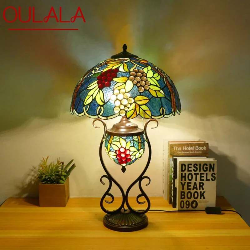 

OULALA Tiffany Table Lamp American Retro Living Room Bedroom Lamp Luxurious Villa Hotel Stained Glass Desk Lamp