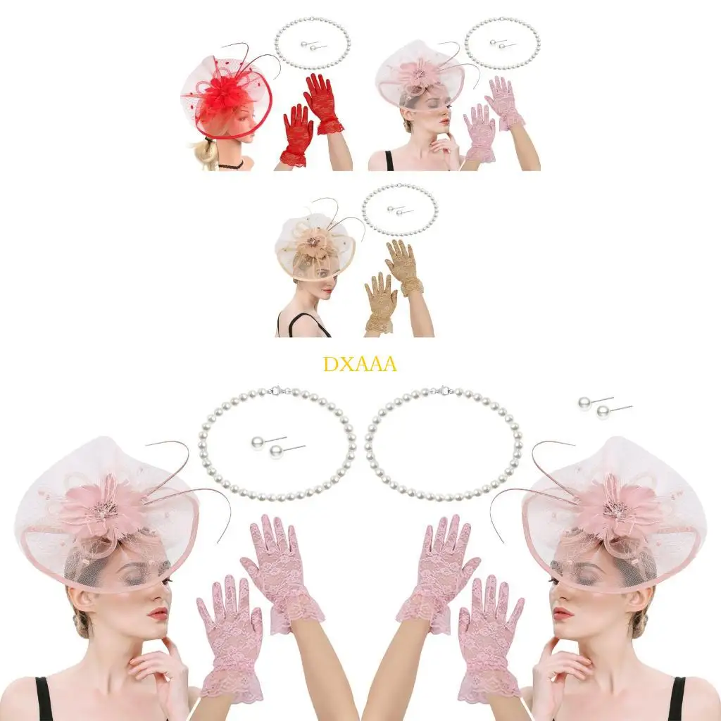 

DXAA Flapper Deryby Hat Hair Clip with Necklace Gloves Set for Theme Event Dressingup